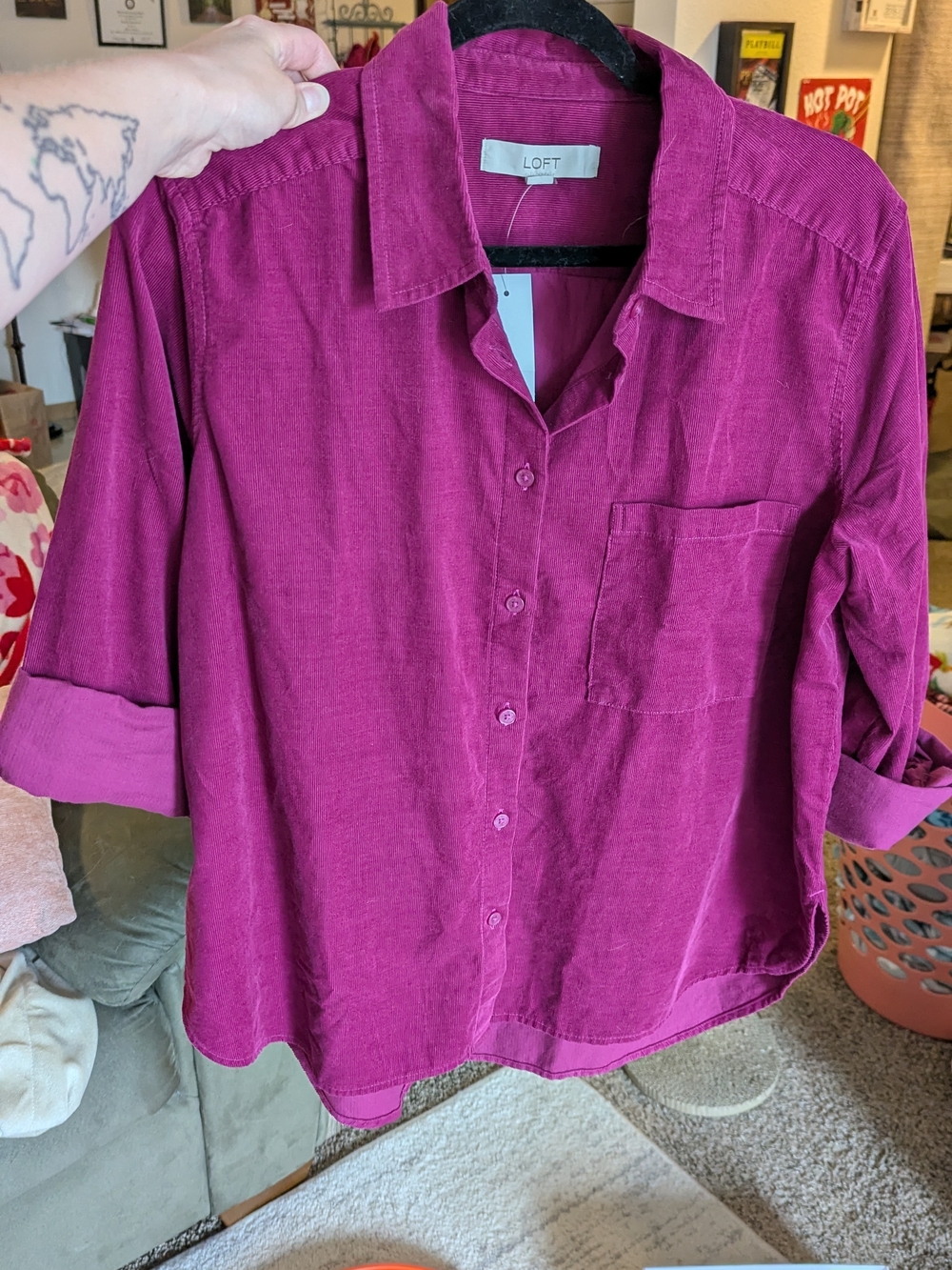NWT LOFT Relaxed Corduroy Button-Up Shirt in Raspberry